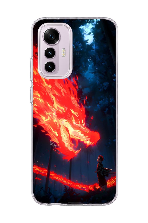 Mi 12 Lite Compatible Fire Dragon Forest Printed Transparent Phone Case