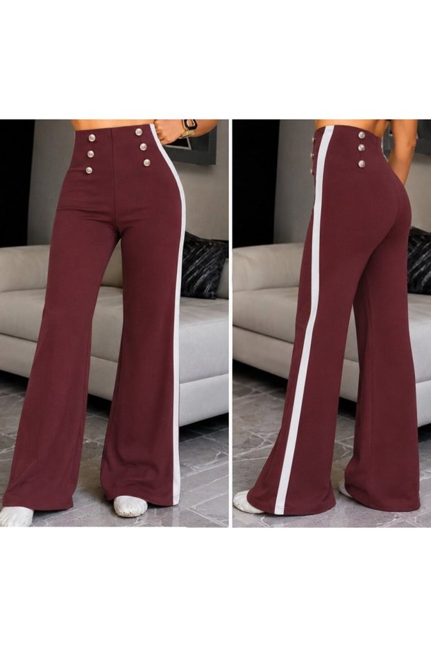 Women's high-waisted, button-front, side-stripe detail, gradually flared imported crepe pants.