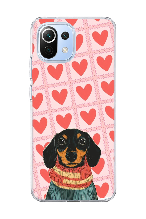 Mi 11 Lite Compatible Sausage Dog Red Heart Printed Transparent Phone Case