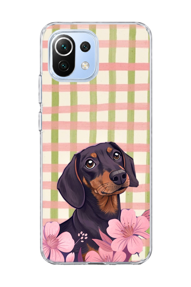 Mi 11 Lite Compatible Sausage Dog Pink Plaid Printed Transparent Phone Case