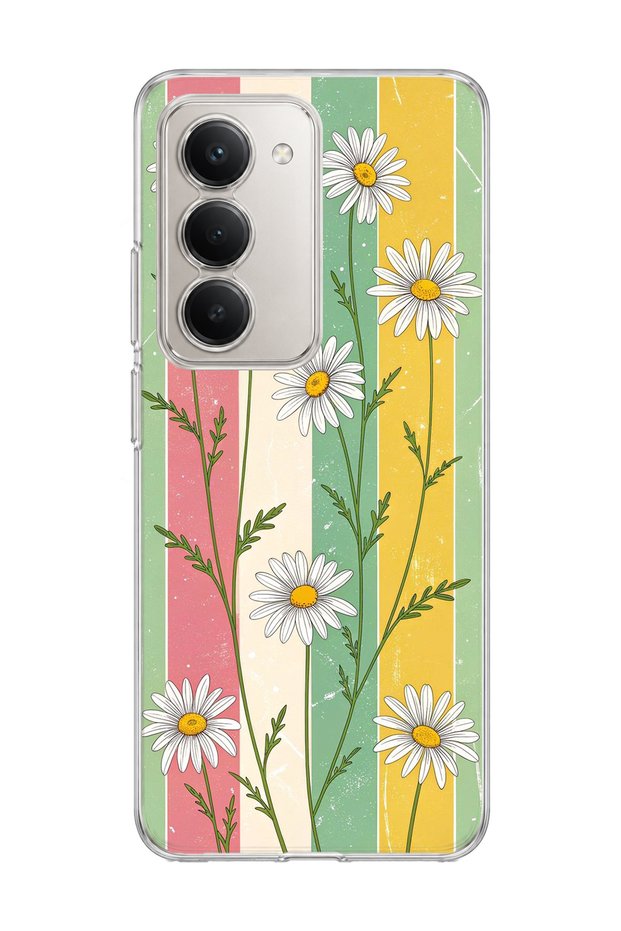 Redmi 15 Compatible Daisy Colored Striped Printed Transparent Phone Case