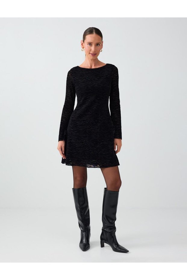 Black Zebra Patterned Boat Neck Short Mesh Dress