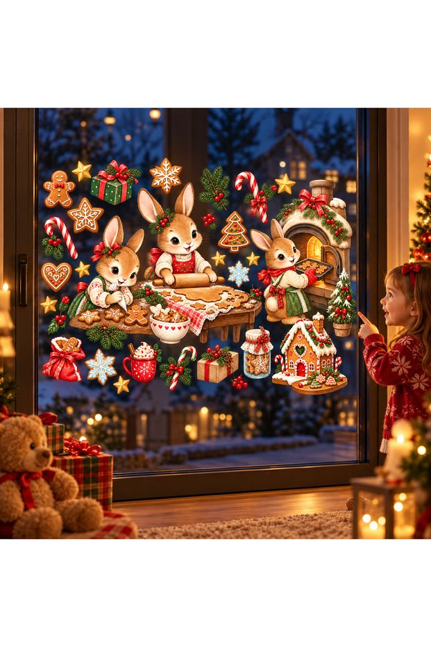 Christmas Cookie Workshop Cute Rabbits New Year Glass and Wall Sticker Set