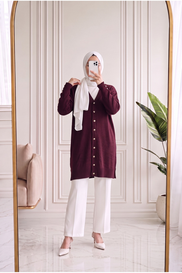 Lamira Buttoned Sleeve End and Six Ribbed Cold Rope Cardigan-Sy3176 Plum