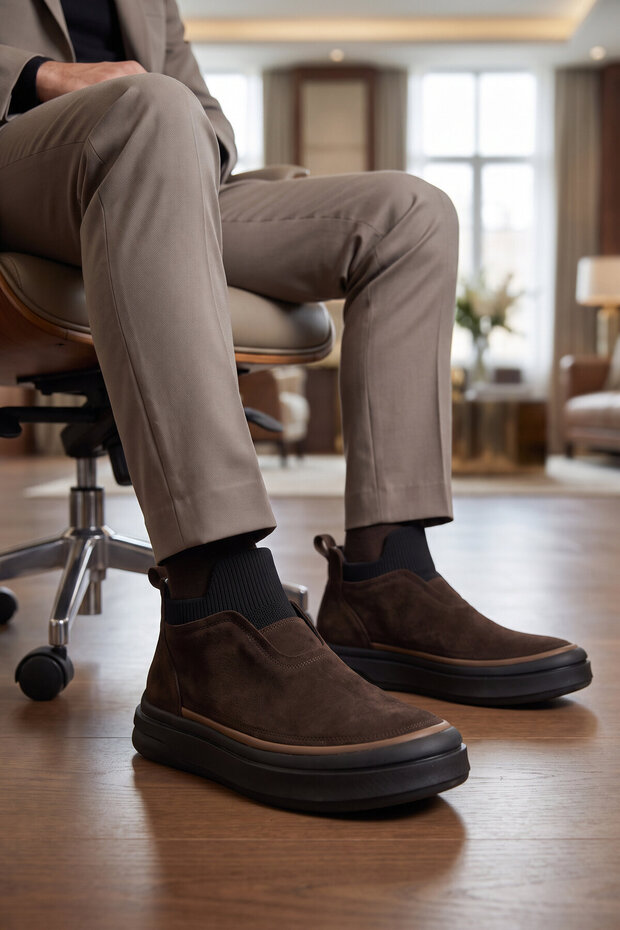 Cold Resistant Non-Slip Sole Brown Nubuck Genuine Leather Zippered Men's Boots with Fleece Inside 26K554