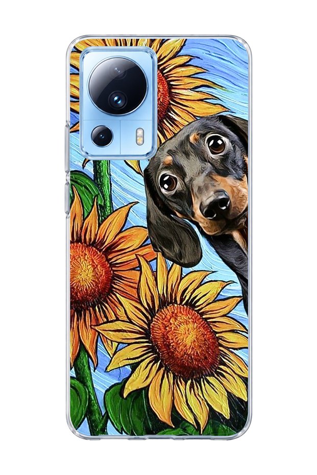 Mi 13 Lite Compatible Sausage Dog Sunflower Printed Transparent Phone Case