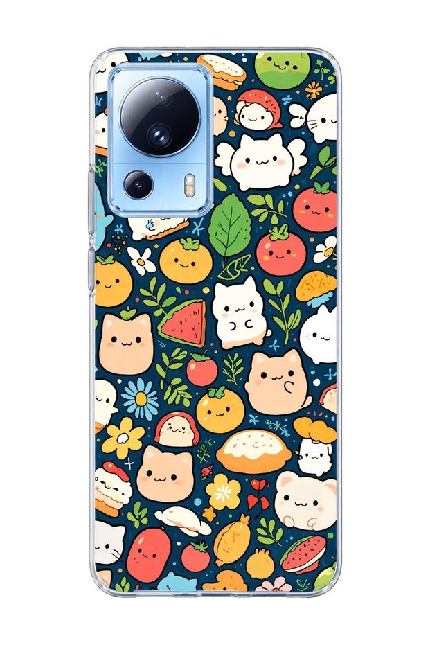 Mi 13 Lite Compatible Cat Fruit Navy Blue Printed Transparent Phone Case