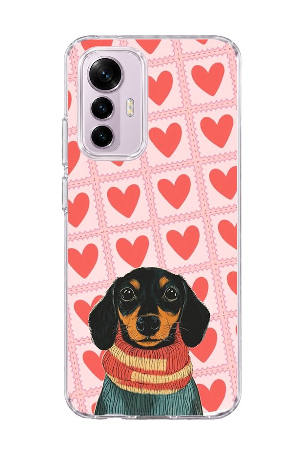 Mi 12 Lite Compatible Sausage Dog Red Heart Printed Transparent Phone Case