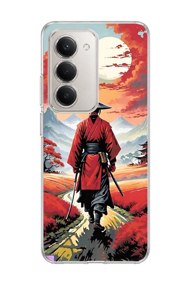 Redmi 15 Compatible Red Kimono Samurai Printed Transparent Phone Case