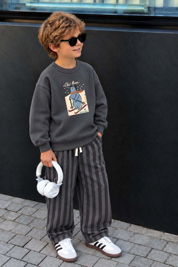 Boy's 3 Thread Cotton Anthracite Teddy Bear Printed Top and Bottom Set