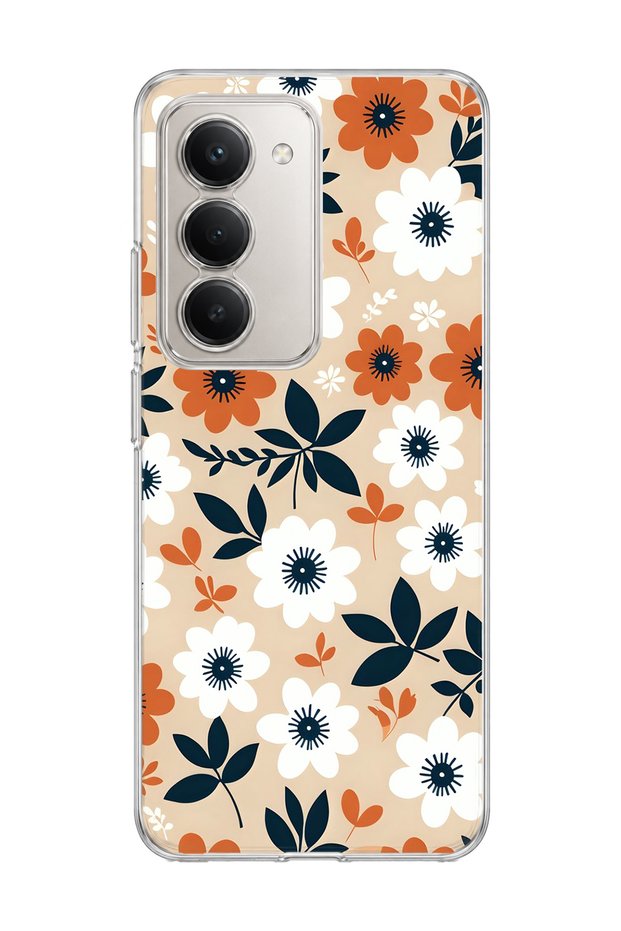 Redmi 15 Compatible Orange White Flower Printed Transparent Phone Case
