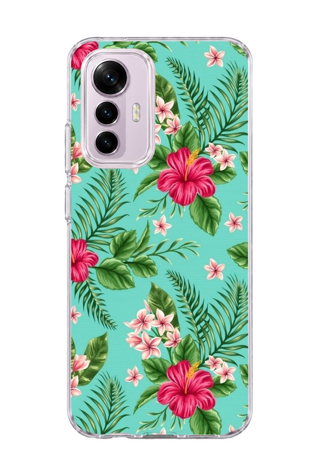 Mi 12 Lite Compatible Turquoise Tropical Flower Printed Transparent Phone Case