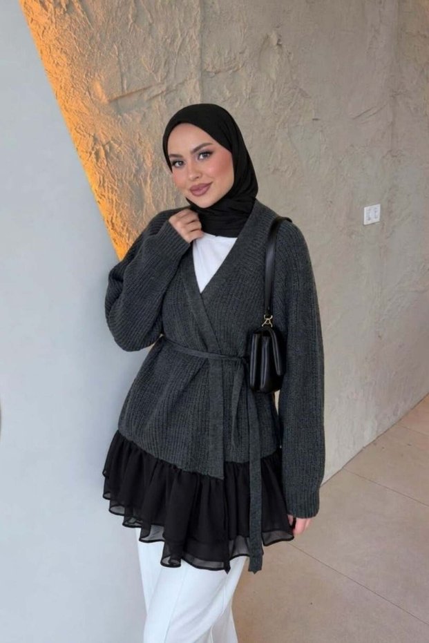 Chiffon Detail Cardigan Smoked
