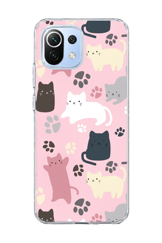Mi 11 Lite Compatible Cat and Paw Pink Printed Transparent Phone Case