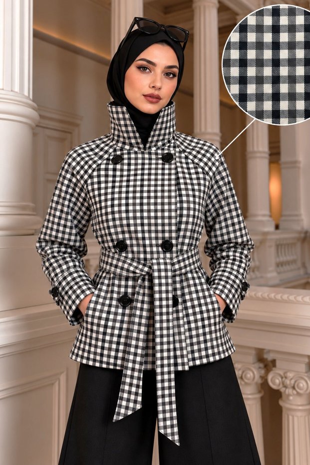 Apolet Detailed Plaid Trench Coat Tsd260356 Black