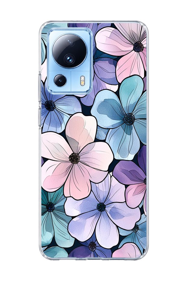 Mi 13 Lite Compatible Purple Blue Flower Printed Transparent Phone Case