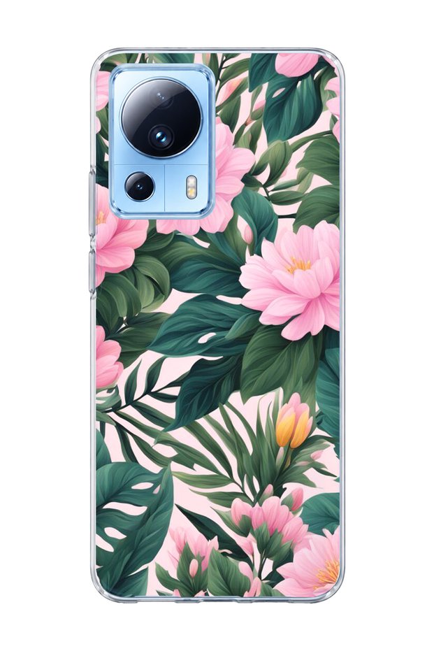 Mi 13 Lite Compatible Pink Flower Green Leaf Printed Transparent Phone Case