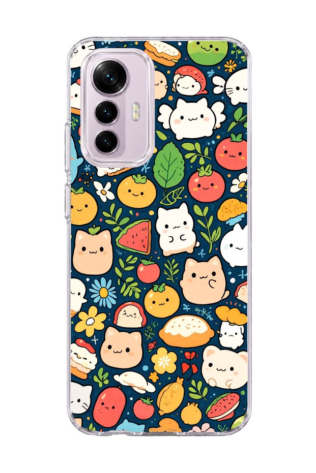 Mi 12 Lite Compatible Cat Fruit Navy Blue Printed Transparent Phone Case