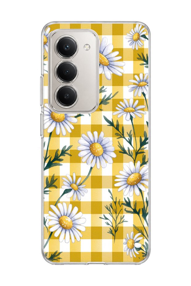 Redmi 15 Compatible Daisy Yellow Plaid Printed Transparent Phone Case
