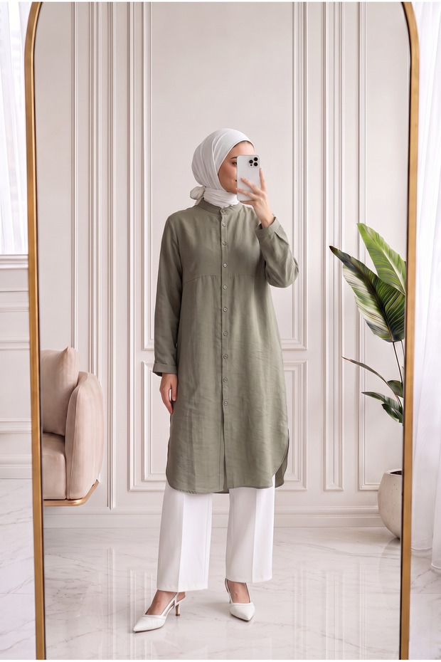 Nazcan Hakim Collar Slit Long Tunic-Ek1007 Green