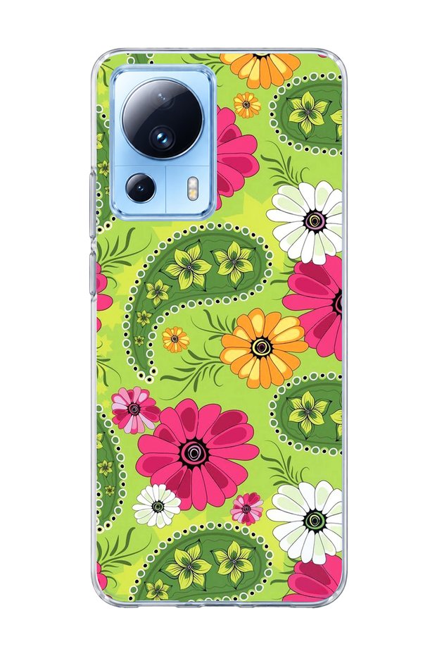 Mi 13 Lite Compatible Green Shawl Pattern Printed Transparent Phone Case