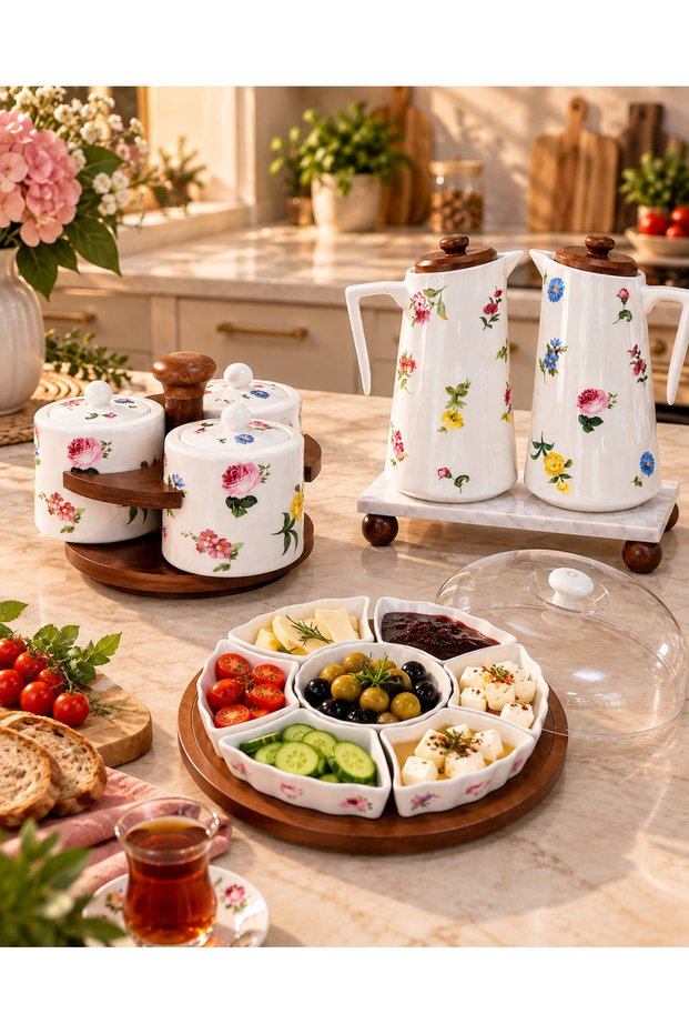 Flower-Patterned Porcelain Breakfast Set 3 Pieces – Presentation Set with Acacia Stand and Lid