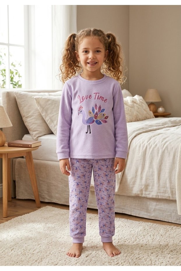 Patterned Long Sleeve Girls' Cotton Pajama Set