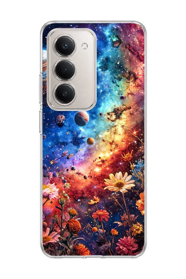 Redmi 15 Compatible Galaxy and Flowers Printed Transparent Phone Case