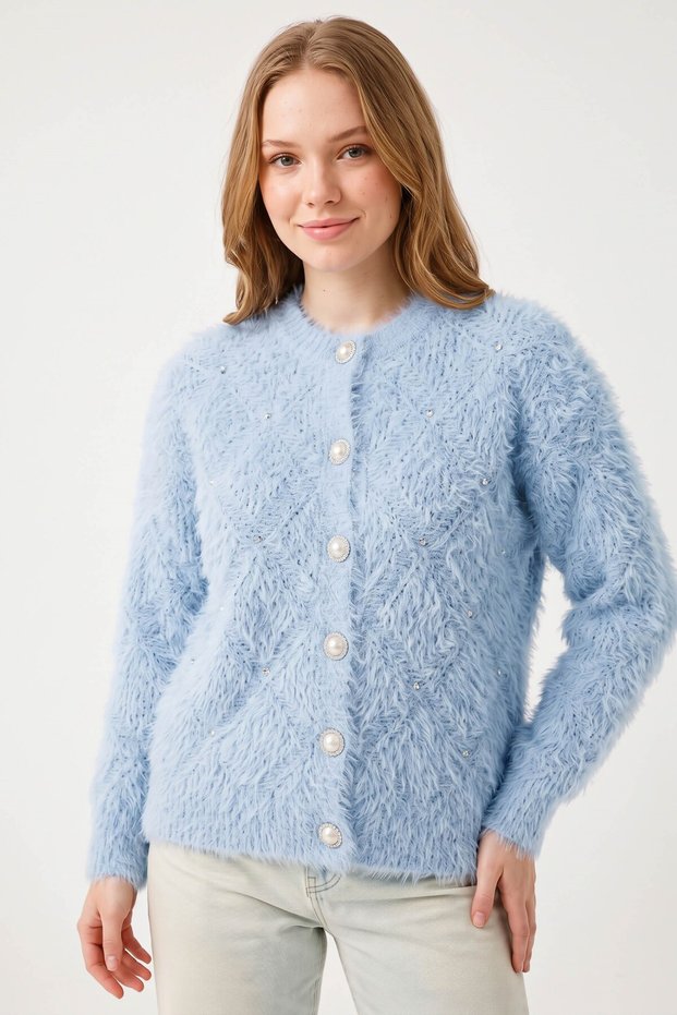 Women's Blue Stone Pearl Buttoned Feathered Cardigan