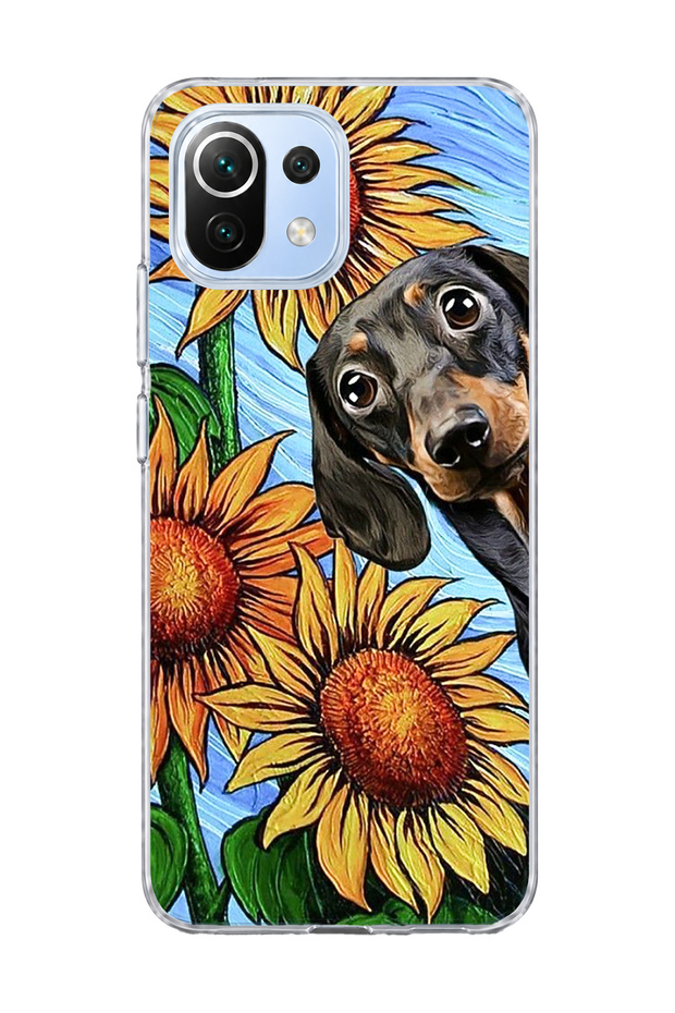 Mi 11 Lite Compatible Sausage Dog Sunflower Printed Transparent Phone Case