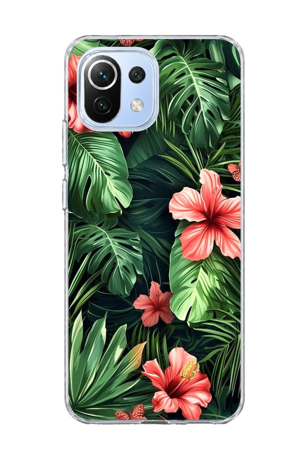 Mi 11 Lite Compatible Red Flower Tropical Leaf Printed Transparent Phone Case