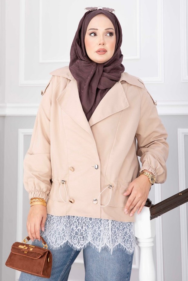 Double-Breasted Collared Buttoned Short Trench Coat Mink
