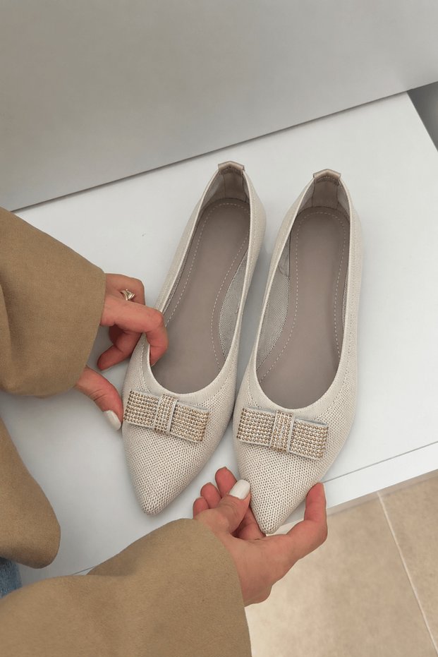 Bow Stone Detailed Knitwear Ballerina - 128 - 474 - Beige