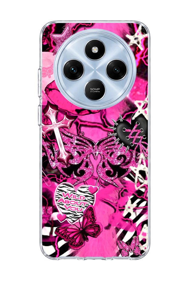 Redmi 14C Compatible Pink Butterfly Star Printed Transparent Phone Case