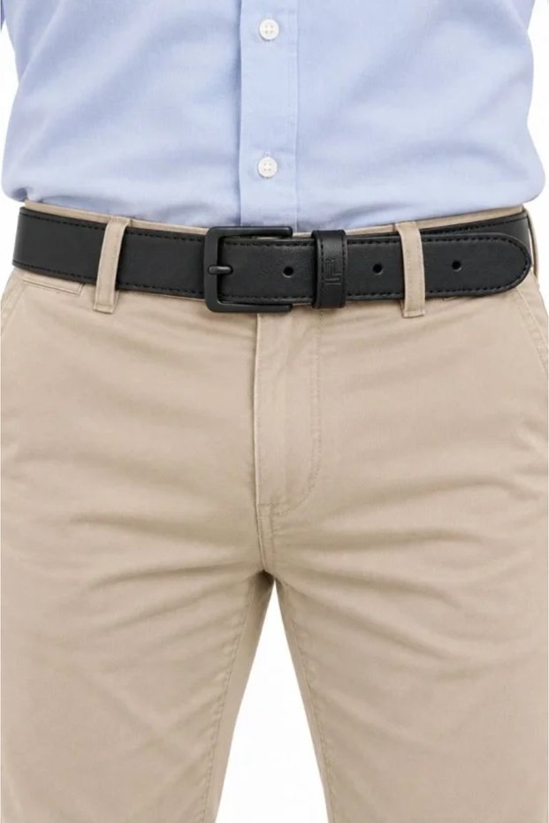 Men's black 3.5 cm stitched detail metal buckle denim and fabric pants belt