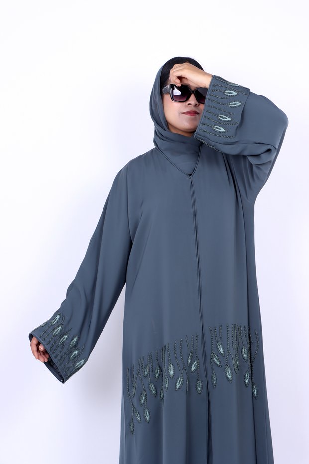 Women's Hand-Beaded Leaf Embroidery Front Open Abaya with Matching Hijab - Slate Grey