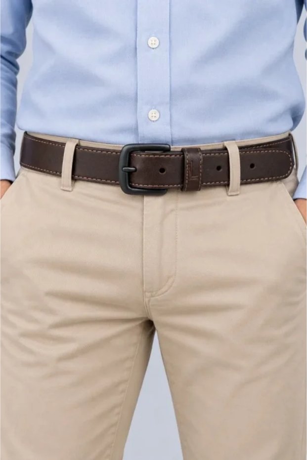 Men's brown 3.5 cm stitched detail metal buckle denim and fabric trouser belt