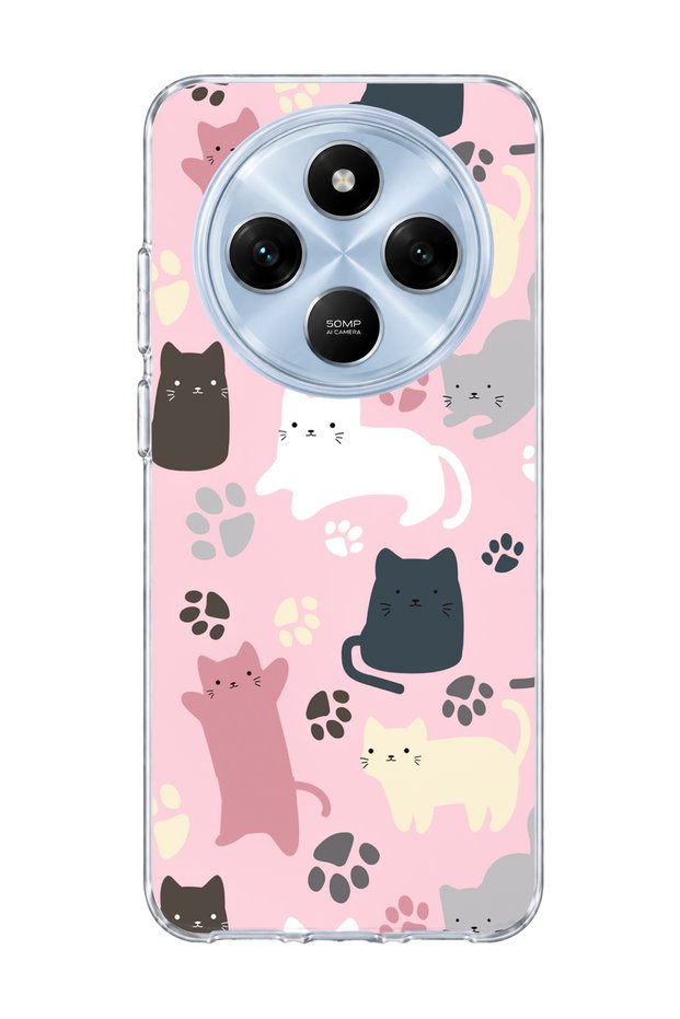 Redmi 14C Compatible Cat and Paw Pink Printed Transparent Phone Case