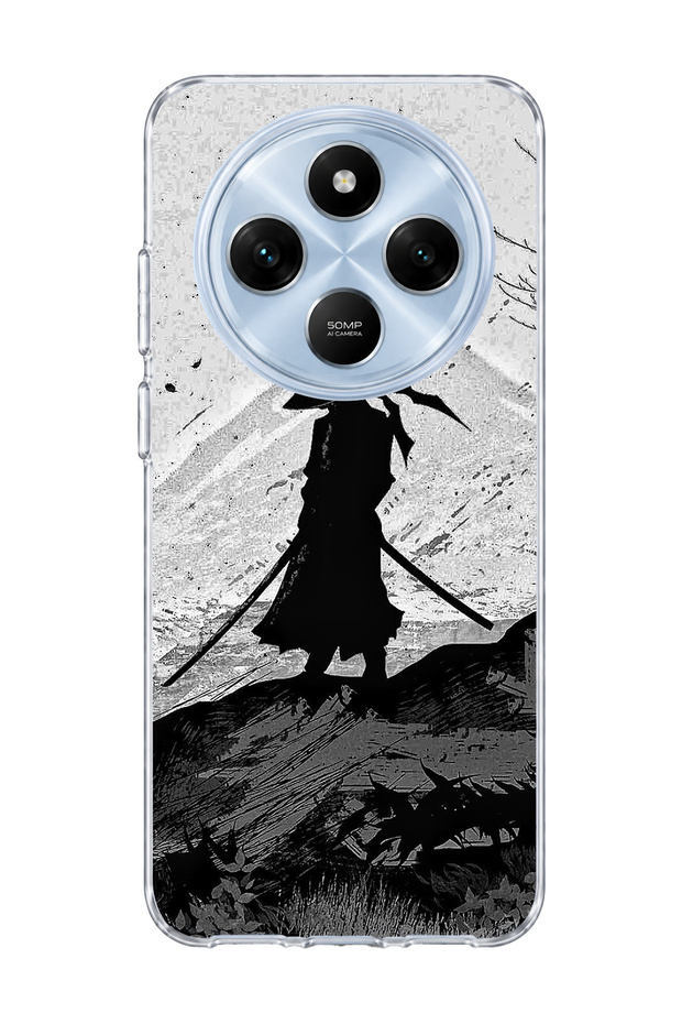 Redmi 14C Compatible Samurai Black and White Printed Transparent Phone Case
