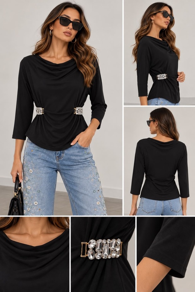 Bat Sleeve Blouse with Diamond Accessories on the Sides