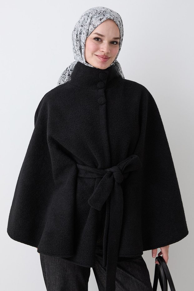 Hakim Collar Buttoned Black Poncho