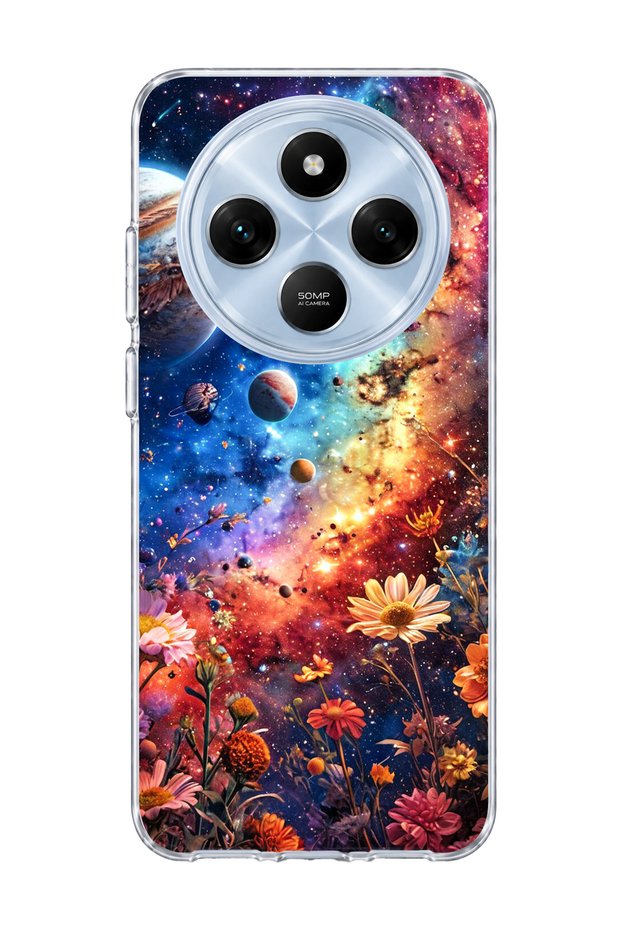 Redmi 14C Compatible Galaxy and Flowers Printed Transparent Phone Case