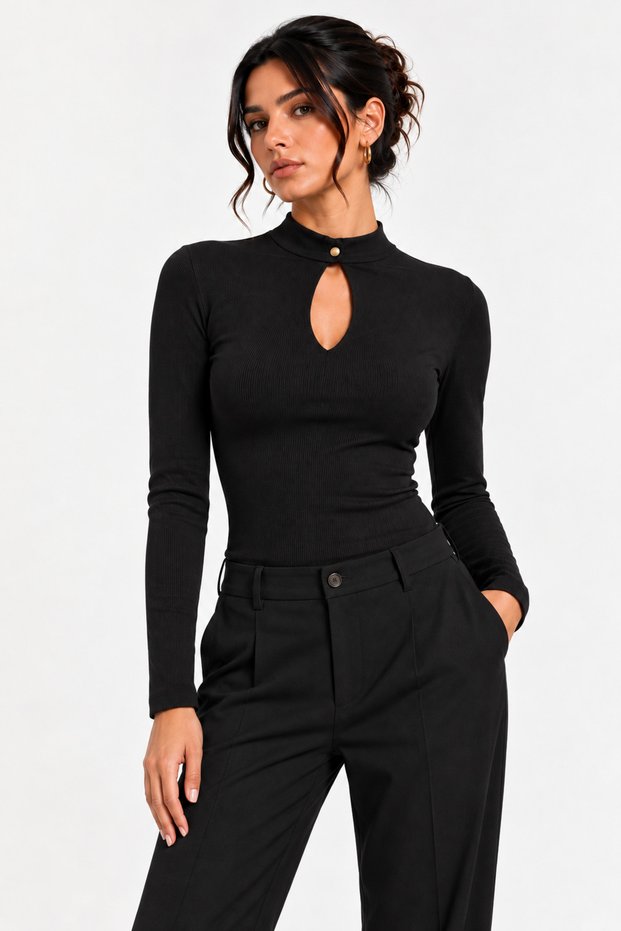 Women's Black Half Turtleneck Button Detailed Drop-Cut Long Sleeve Slim Fit Camisole Blouse