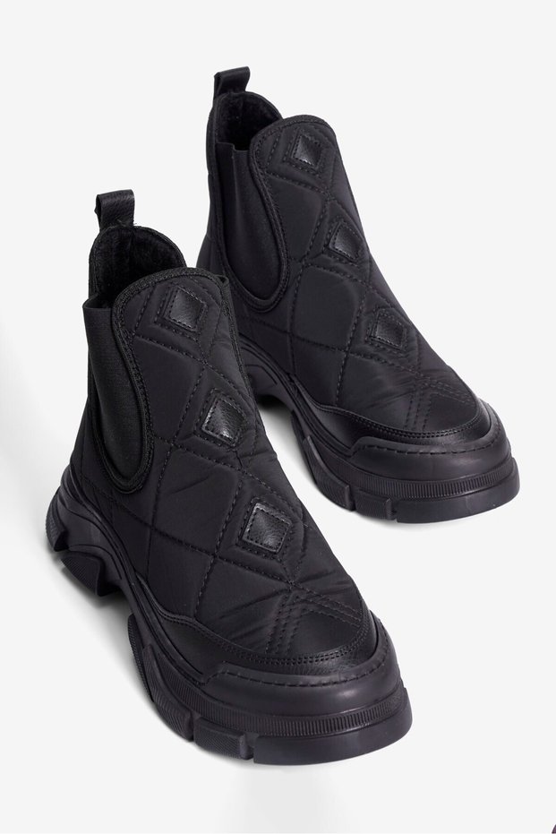 Women's Parachute Boots with Quilted Stitching and Rubber Detailing, Thick Sole, Borka Black