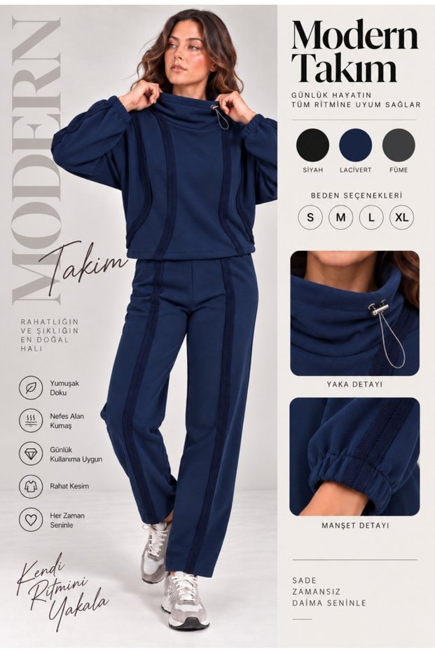 Women's Dark Blue Color High Waist and Collar Stoppered Top and Bottom Double Layered Fleece Set
