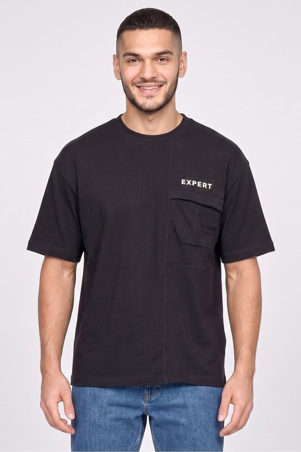 K-Squad Men Crew Neck Short Sleeve Embroidered T-Shirt, Black