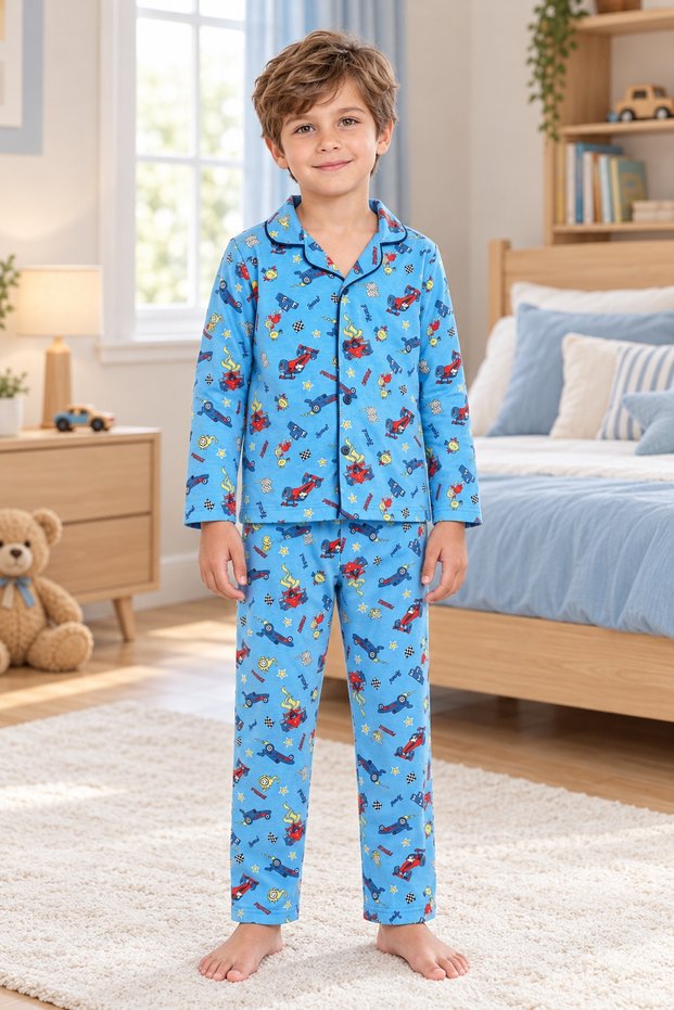 Boy's Pajama Set, 100% Cotton, Front Buttoned, Long Sleeve, 30/1 Combed Single Jersey, Light Blue
