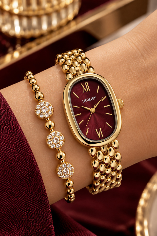Oval Case Gold Burgundy Women's Wristwatch - 3 Atm Water Resistant Steel Band Japanese Movement Gift Special Boxed Hmby2080C2