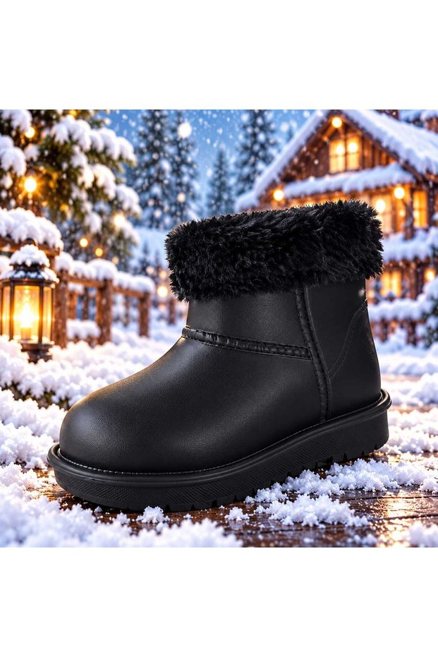 Black Children's Plush Furry Winter Boots with Thick Soles, Stylish and Suitable for Everyday Use in Cold Weather.