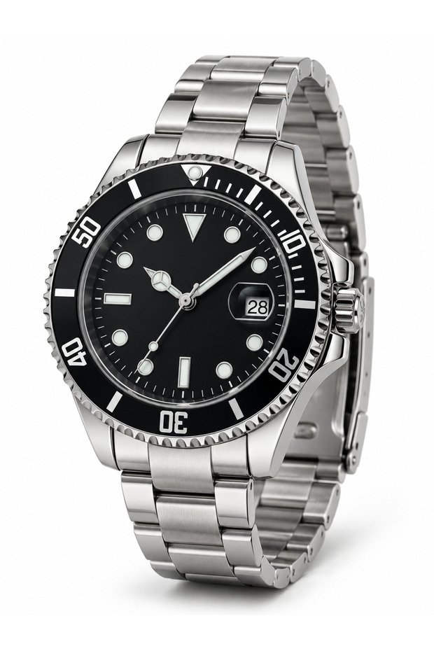 Men's Wristwatch Black Dial Silver Color Steel Band Quartz Analog with Magnifier Calendar 3 Atm Water Resistant 42 mm